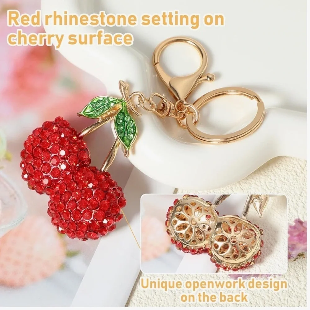 Cherry Rhinestone bedazzled bag charm purse keychain accessories